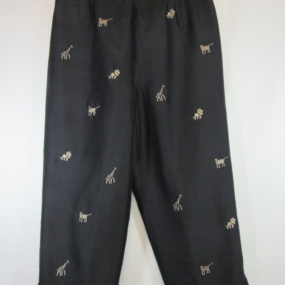 Silk Capri Black Embroidered Safari Animals Tiger Lion Giraffe Pants - Picture 2 of 9